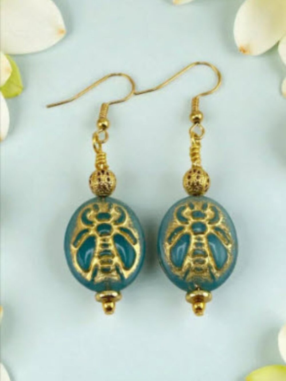 Czech Glass Bee Earrings Sky Blue Gold Dangle Cottagecore Boho Handmade - Picture 1 of 11